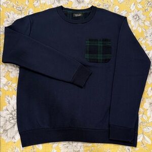 Zara Dark Blue Crewneck Sweater with Green Plaid Pocket